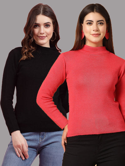 Solid highneck full sleeve woolen casual tops in black and red, pack of 2.