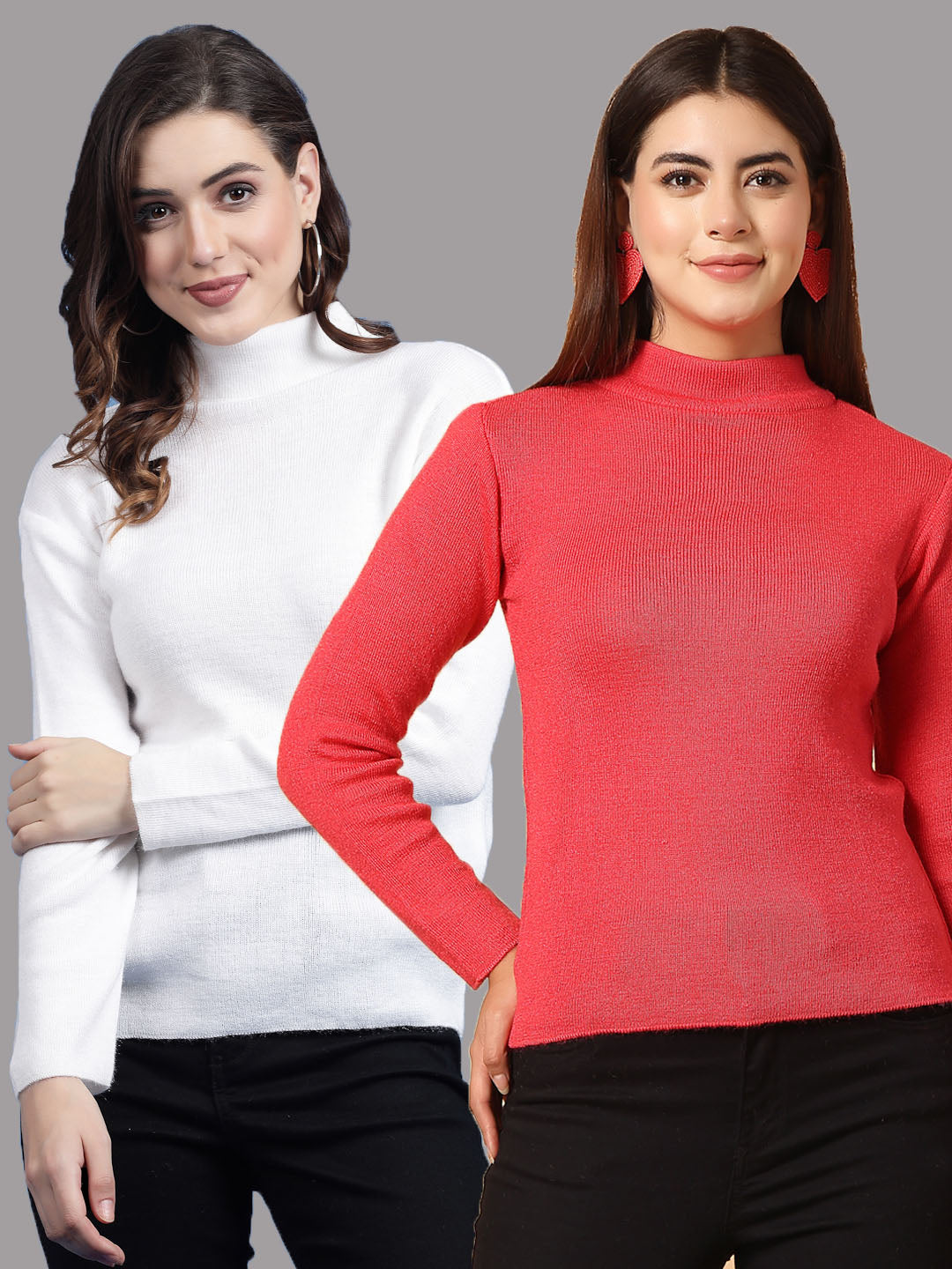 Solid highneck full sleeve woolen casual tops in white and red by Clora Creation, pack of 2.