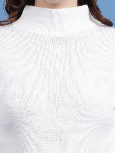 Solid highneck full sleeve woolen casual top in white.