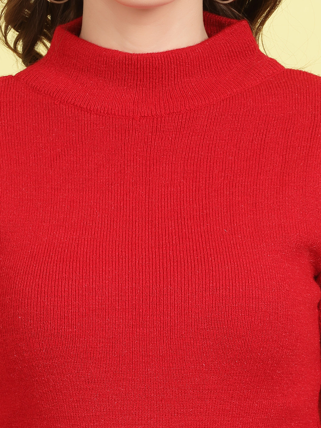 Solid highneck full sleeve woolen casual top in red.