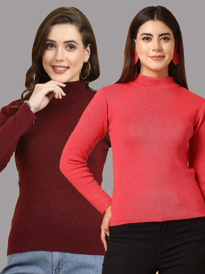 Solid highneck full sleeve woolen casual tops in red and maroon, pack of 2.