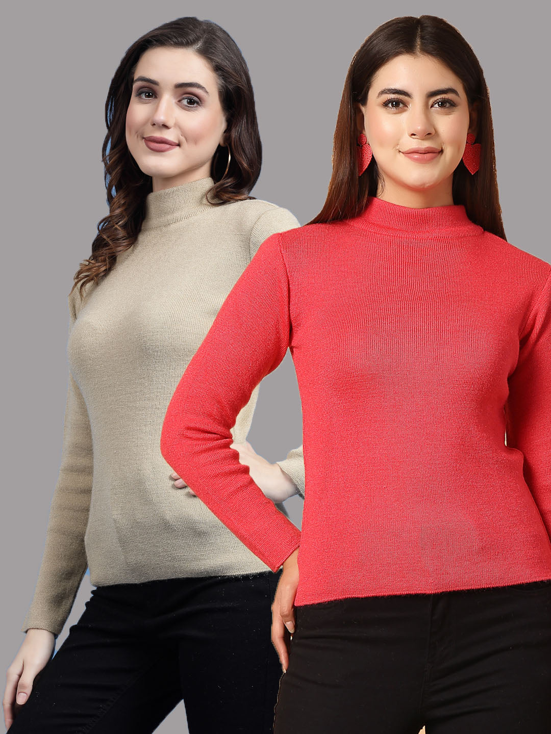 Solid highneck full sleeve woolen casual tops in beige and red, ideal for layering in chilly weather.