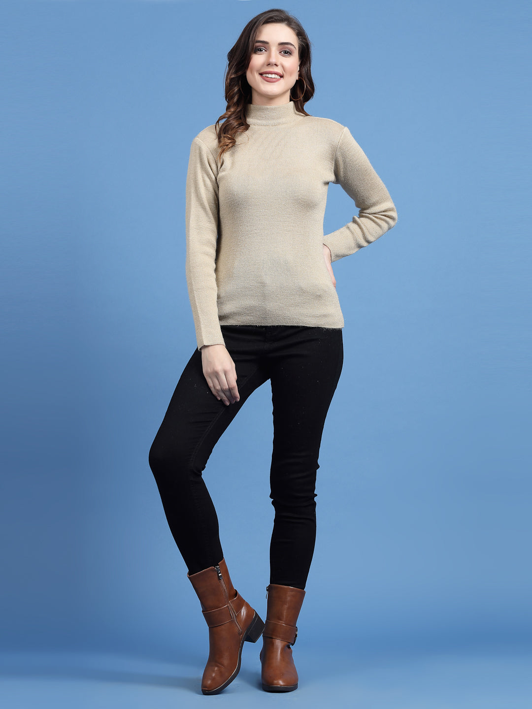 Solid highneck full sleeve woolen casual top in beige, featuring premium quality wool, ideal for warmth and stylish layering.