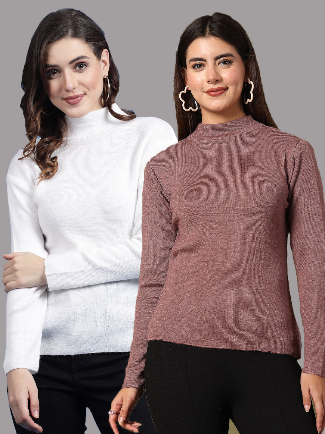 Solid highneck full sleeve woolen casual tops in white and brown, pack of 2.