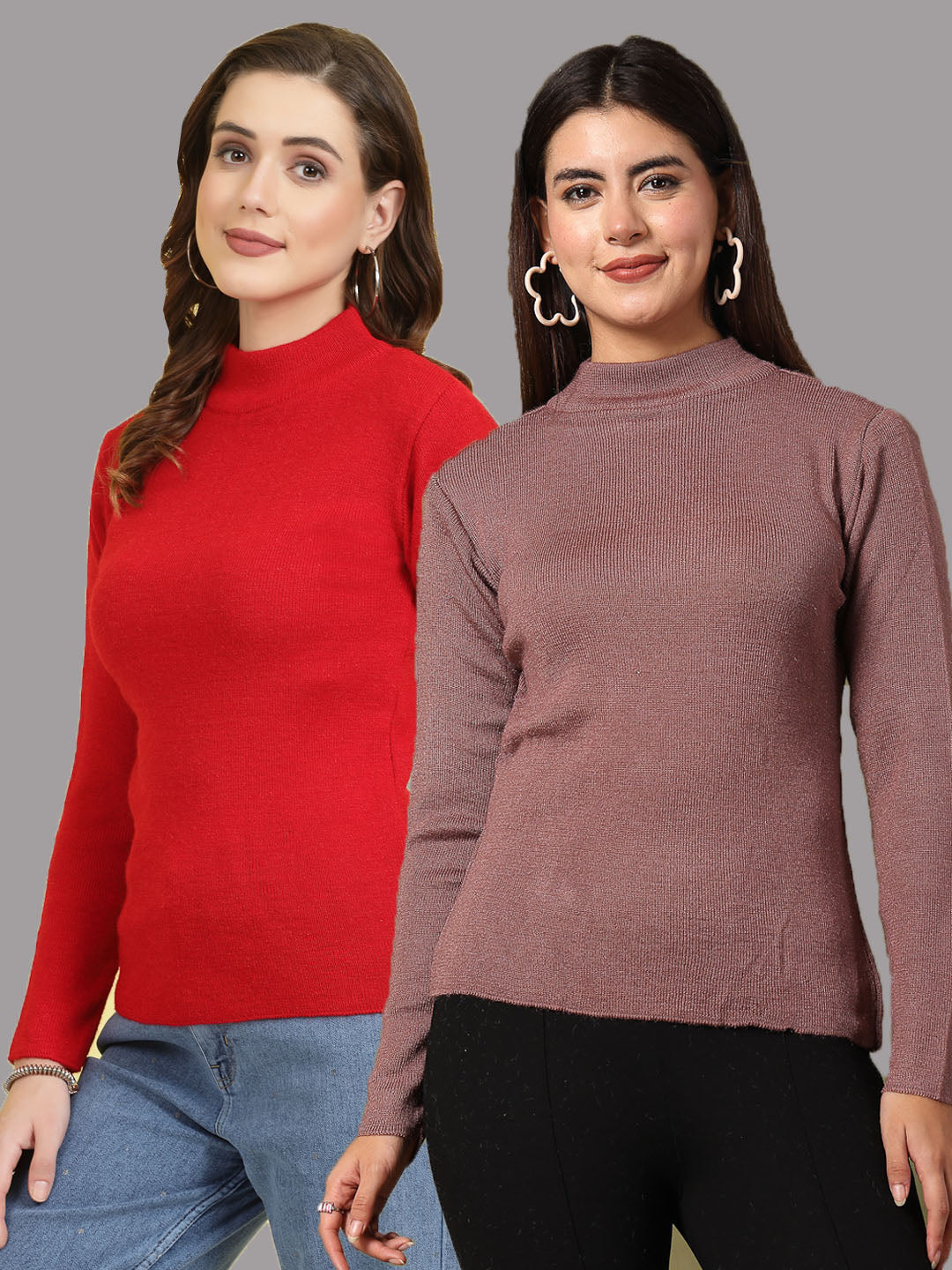 Solid highneck full sleeve woolen casual tops in red and brown, perfect for layering and staying cozy.