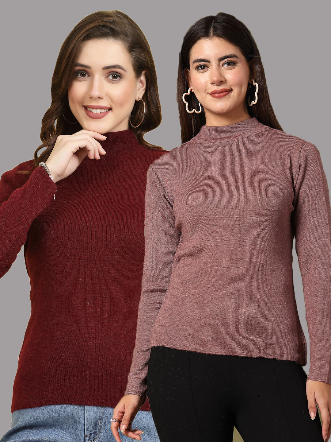 Solid highneck full sleeve woolen casual tops pack of two in maroon and taupe, perfect for winter layering.