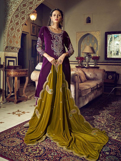 Purple Embroidered Velvet Kurta with Dupatta Set