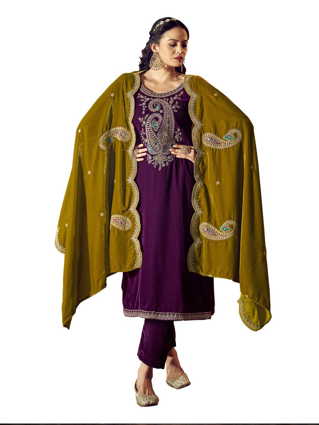 Purple Embroidered Velvet Kurta with Dupatta Set