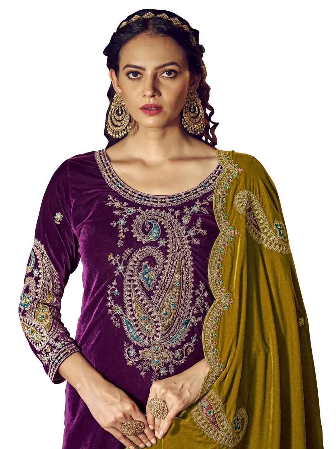 Purple Embroidered Velvet Kurta with Dupatta Set