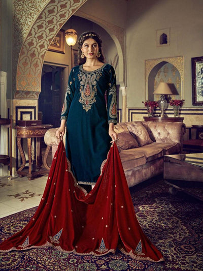 Teal Embroidered Velvet Kurta with Dupatta Set