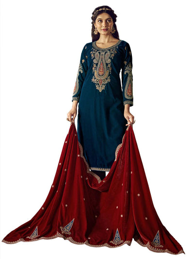 Teal Embroidered Velvet Kurta with Dupatta Set