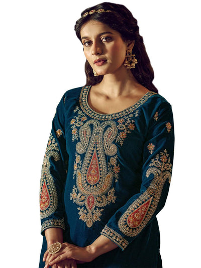 Teal Embroidered Velvet Kurta with Dupatta Set