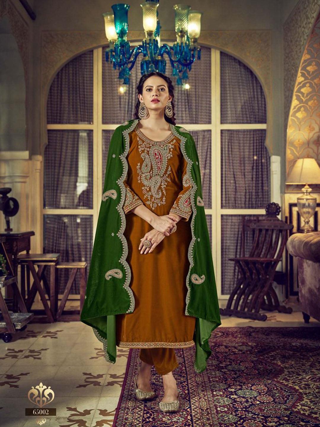 Mustard Embroidered Velvet Kurta with Dupatta Set