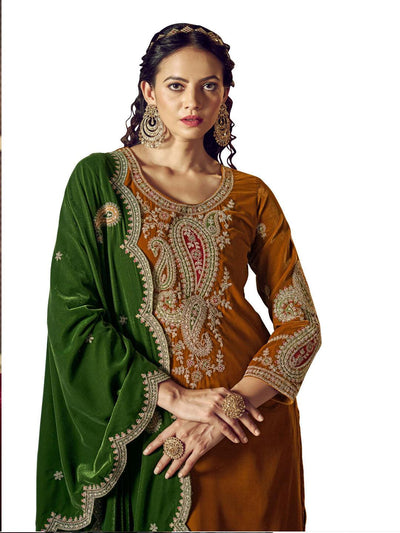 Mustard Embroidered Velvet Kurta with Dupatta Set