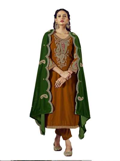 Mustard Embroidered Velvet Kurta with Dupatta Set