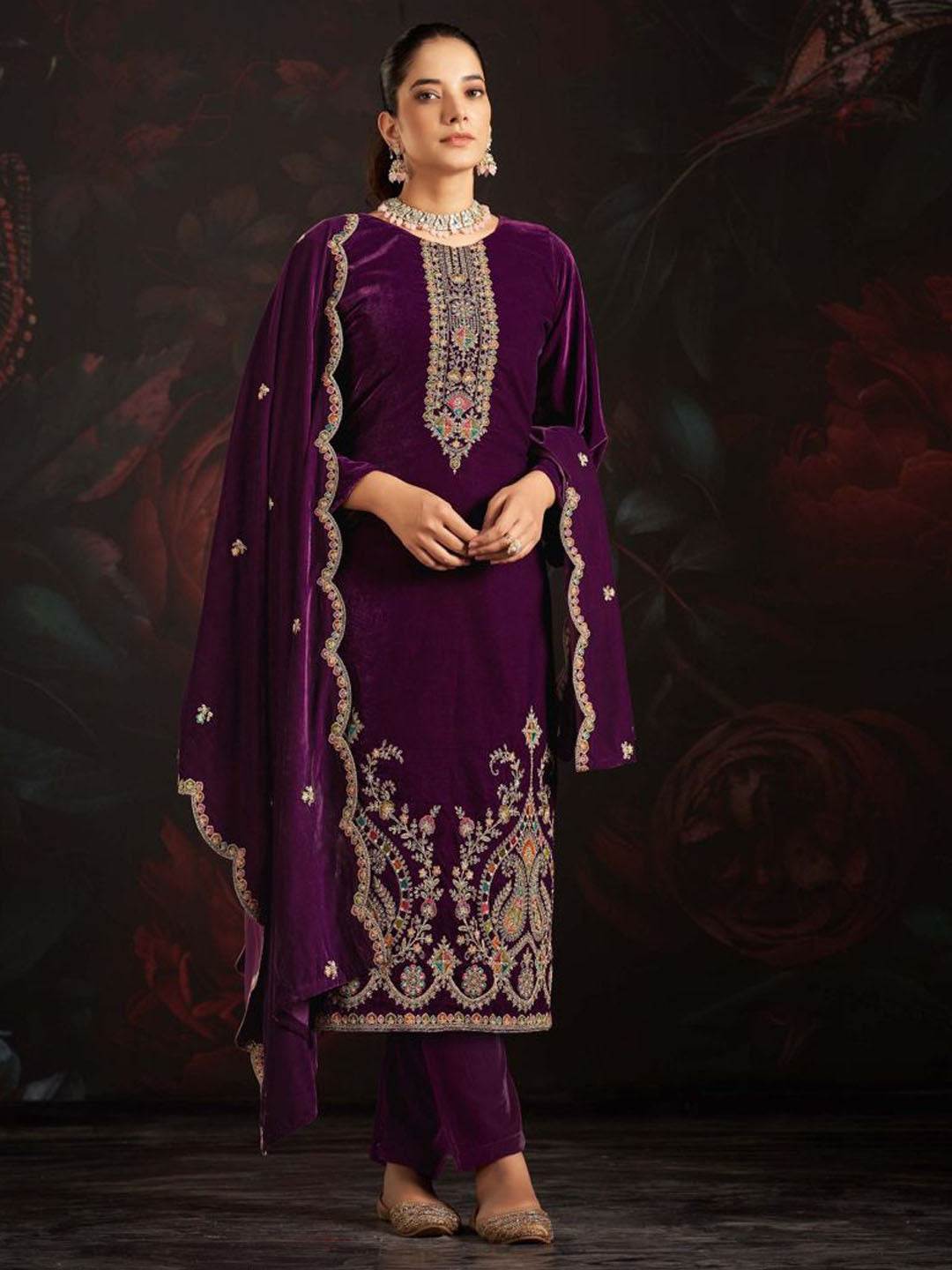 Wine Embroidered Velvet Kurta with Dupatta Set