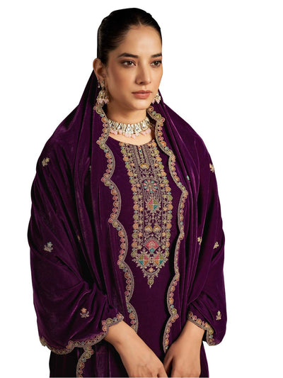 Wine Embroidered Velvet Kurta with Dupatta Set