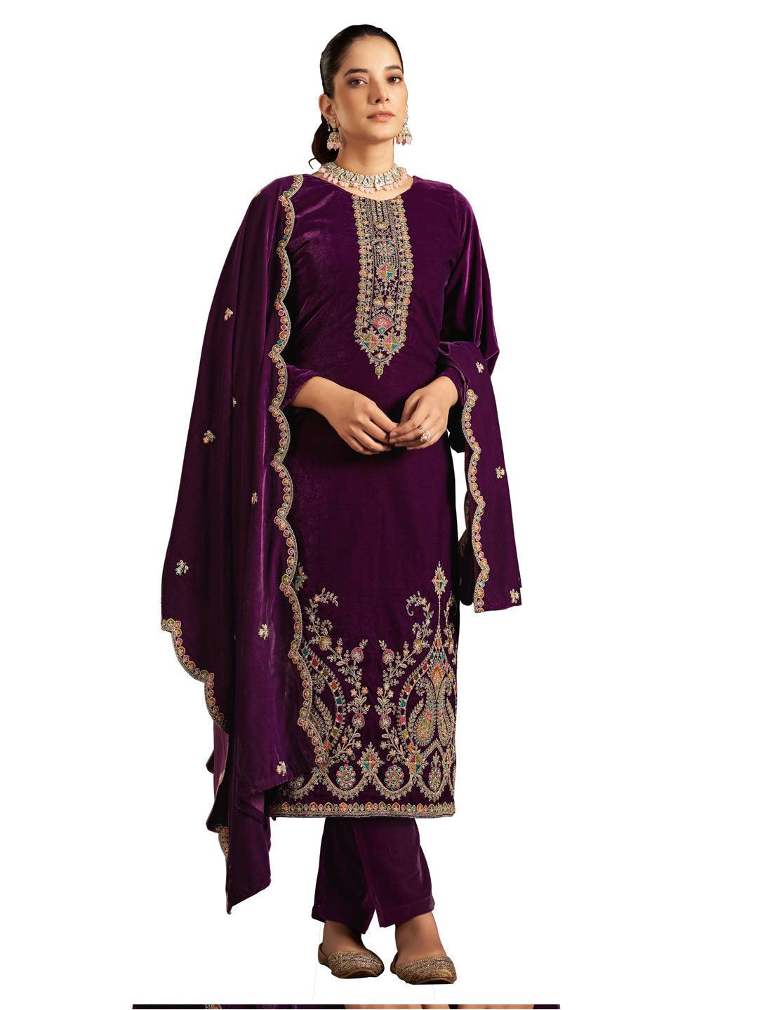 Wine Embroidered Velvet Kurta with Dupatta Set