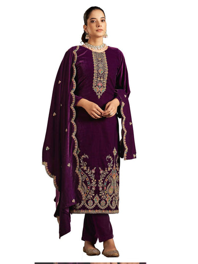 Wine Embroidered Velvet Kurta with Dupatta Set