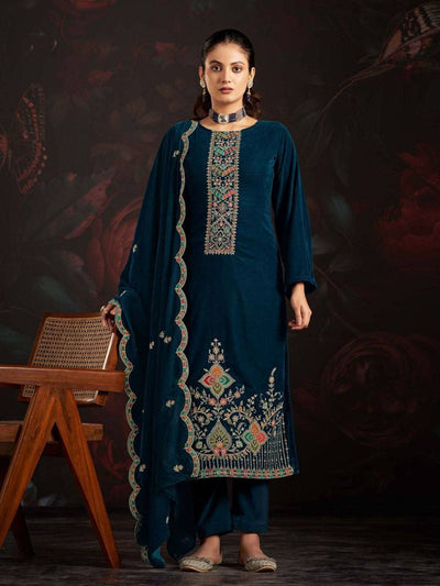 Peacock Blue Embroidered Velvet Kurta with Dupatta Set