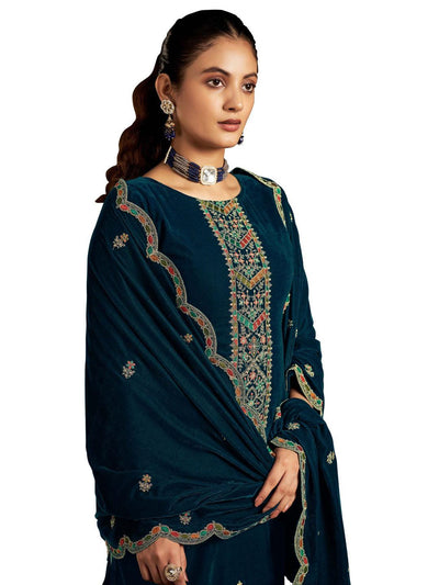 Peacock Blue Embroidered Velvet Kurta with Dupatta Set