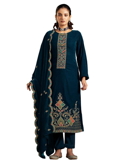 Peacock Blue Embroidered Velvet Kurta with Dupatta Set