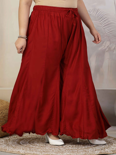 Women Solid Marron Flared Rayon Sharara with elasticated waistband and drawstring.