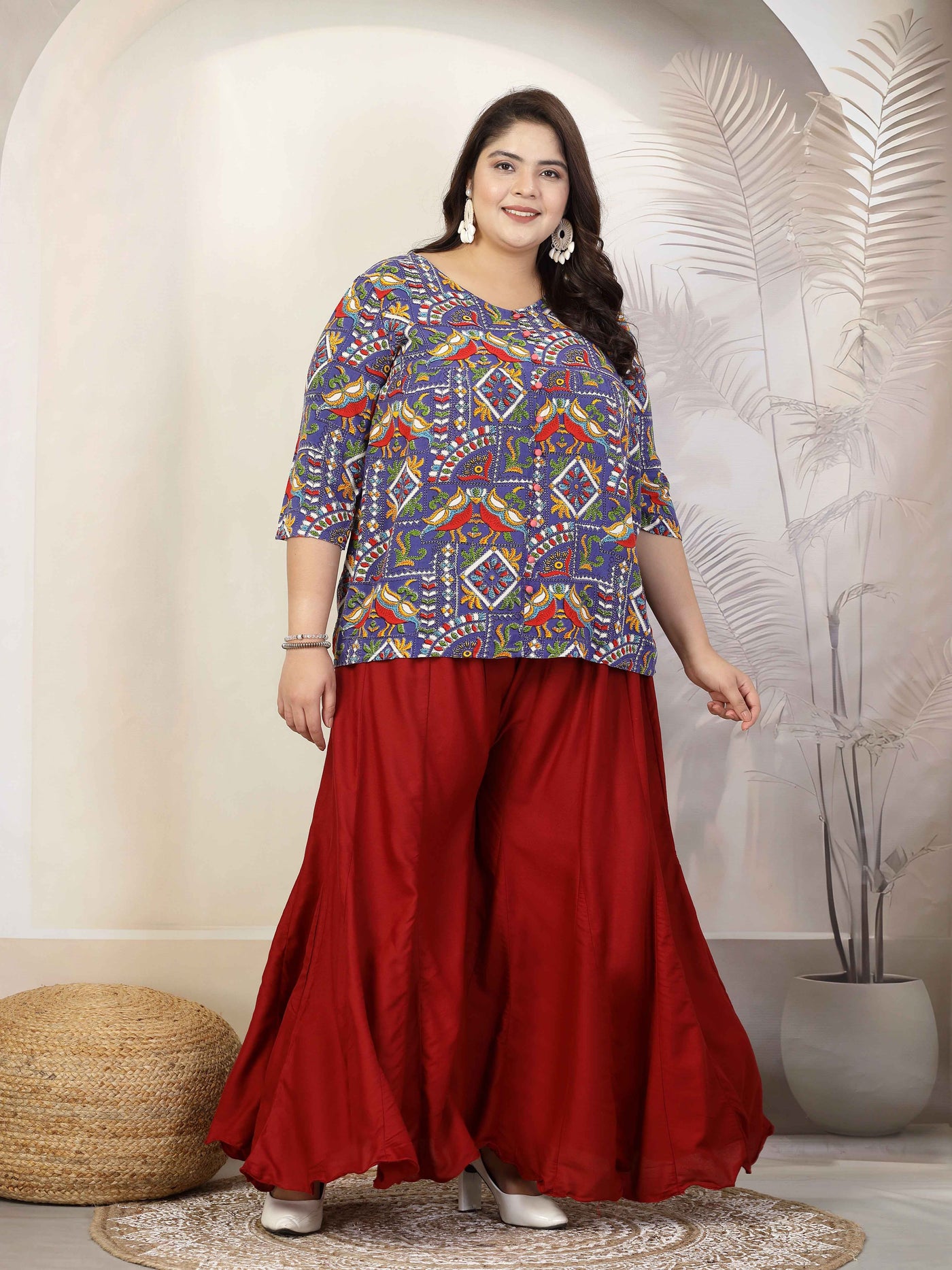 Plus size women solid marron flared rayon sharara with elasticated waistband.