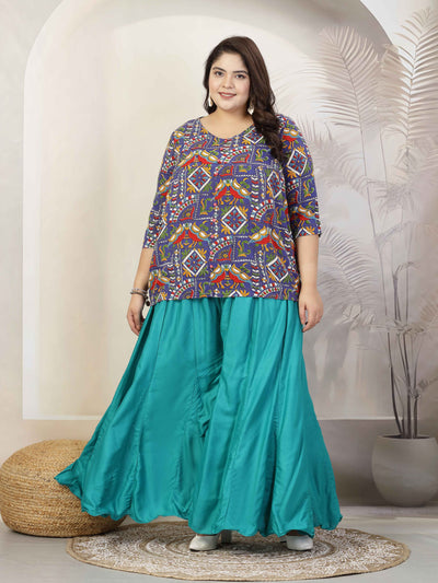 Plus size women flared Rama green rayon sharara with elasticated waistband.