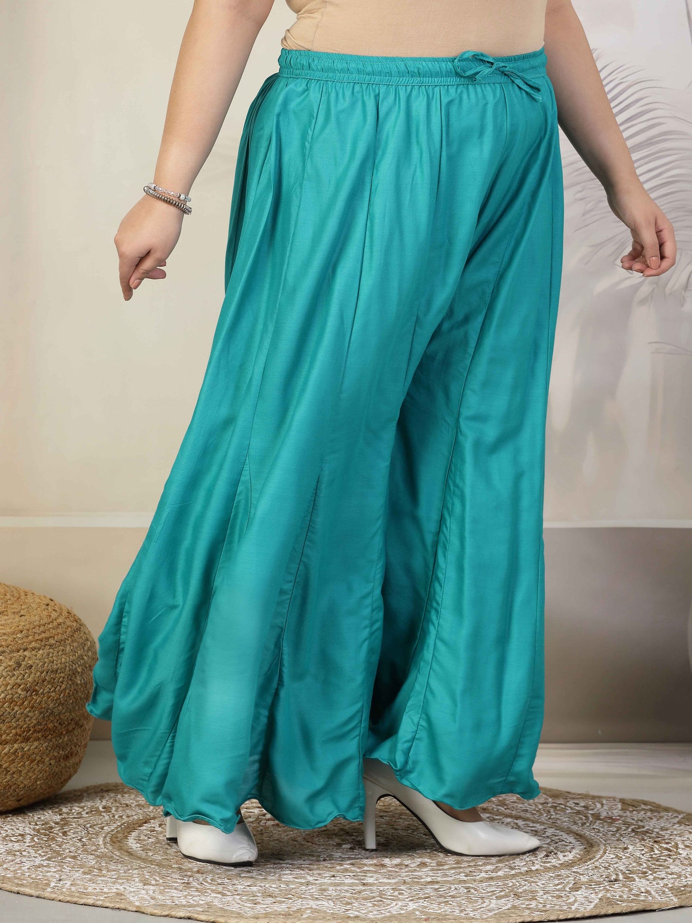 Women Solid Rama Green Flared Rayon Sharara with Elasticated Waistband