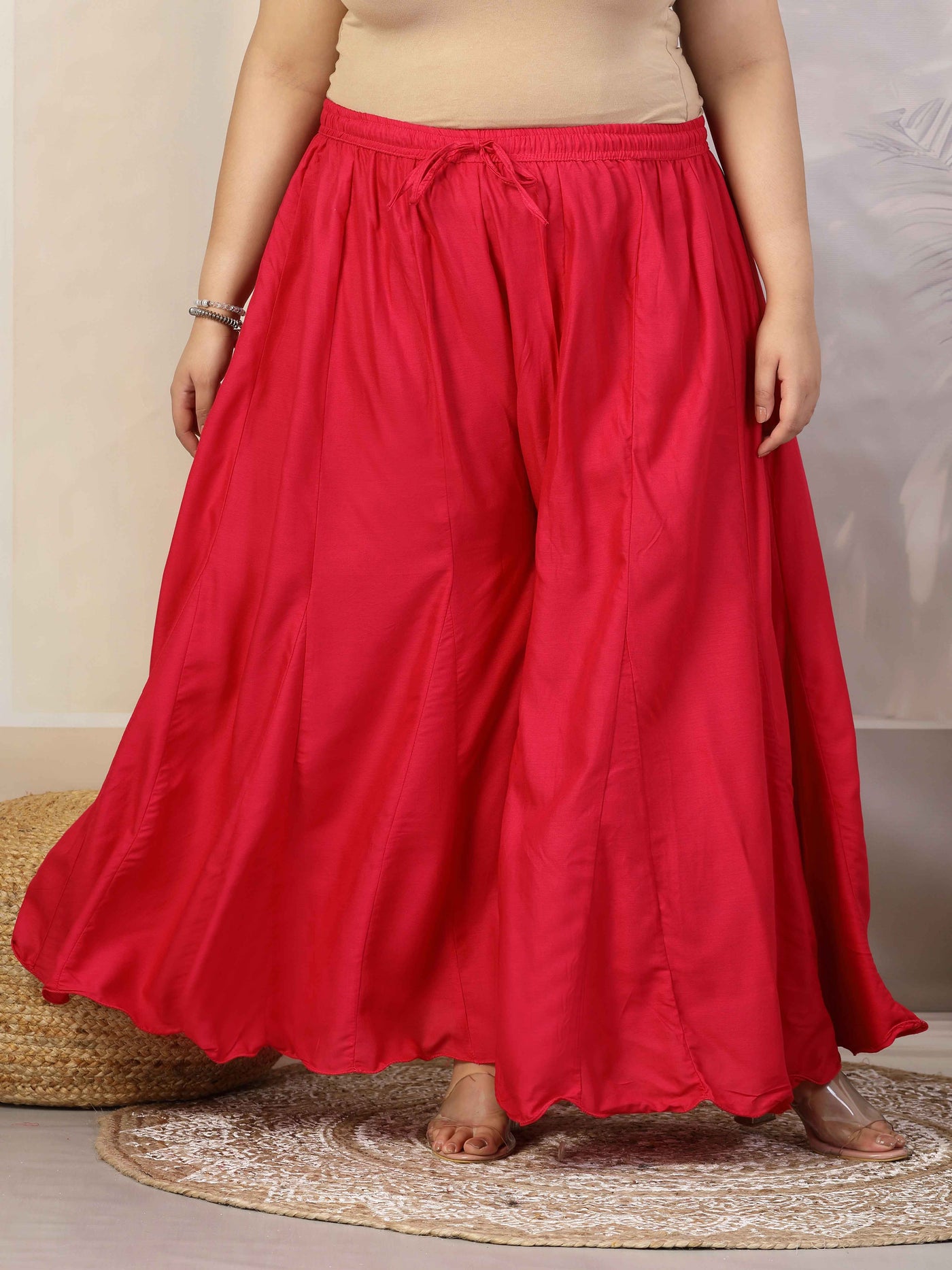 Women Solid Red Flared Rayon Sharara