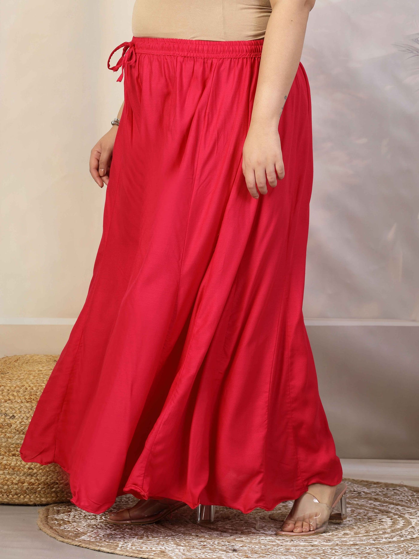 Women Solid Red Flared Rayon Sharara