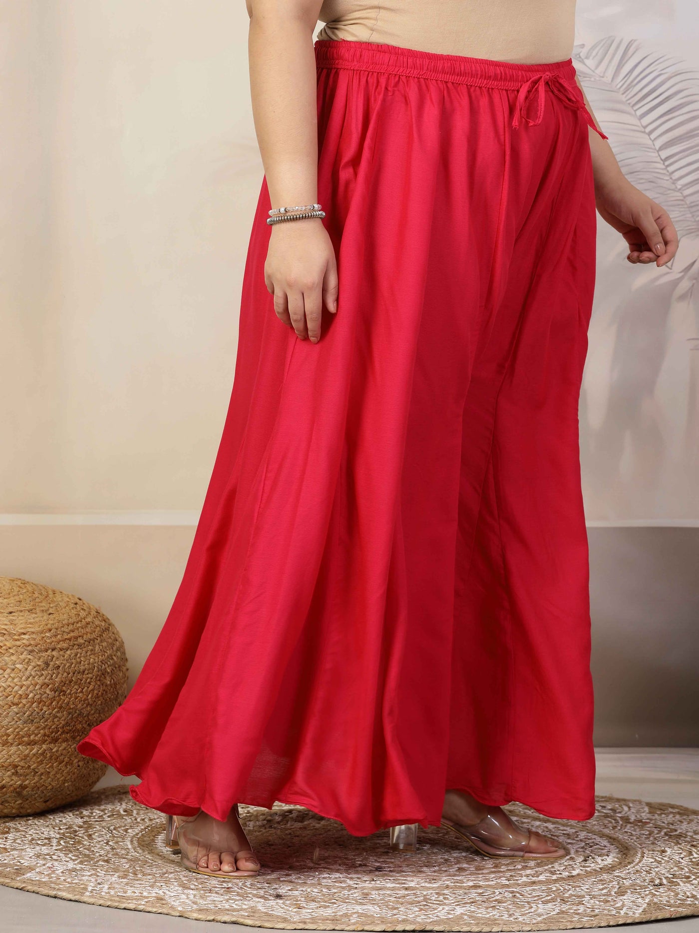 Women Solid Red Flared Rayon Sharara