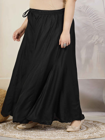 Women Solid Black Flared Rayon Sharara with Elasticated Waistband and Drawstring Closure