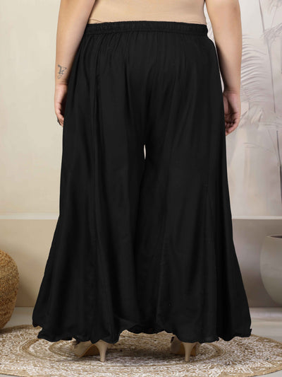 Women Solid Black Flared Rayon Sharara with Elastic Waistband and Drawstring.