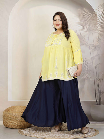 Women solid navy blue flared rayon sharara with elasticated waistband.