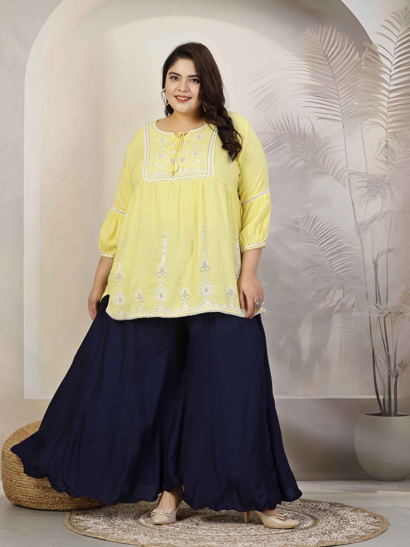 Plus size women’s solid navy blue flared rayon sharara with elasticated waistband.