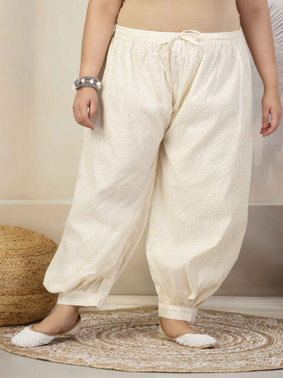 Women self-design cotton lurex loose fit Afghani salwar with elasticated waistband and drawstring closure.