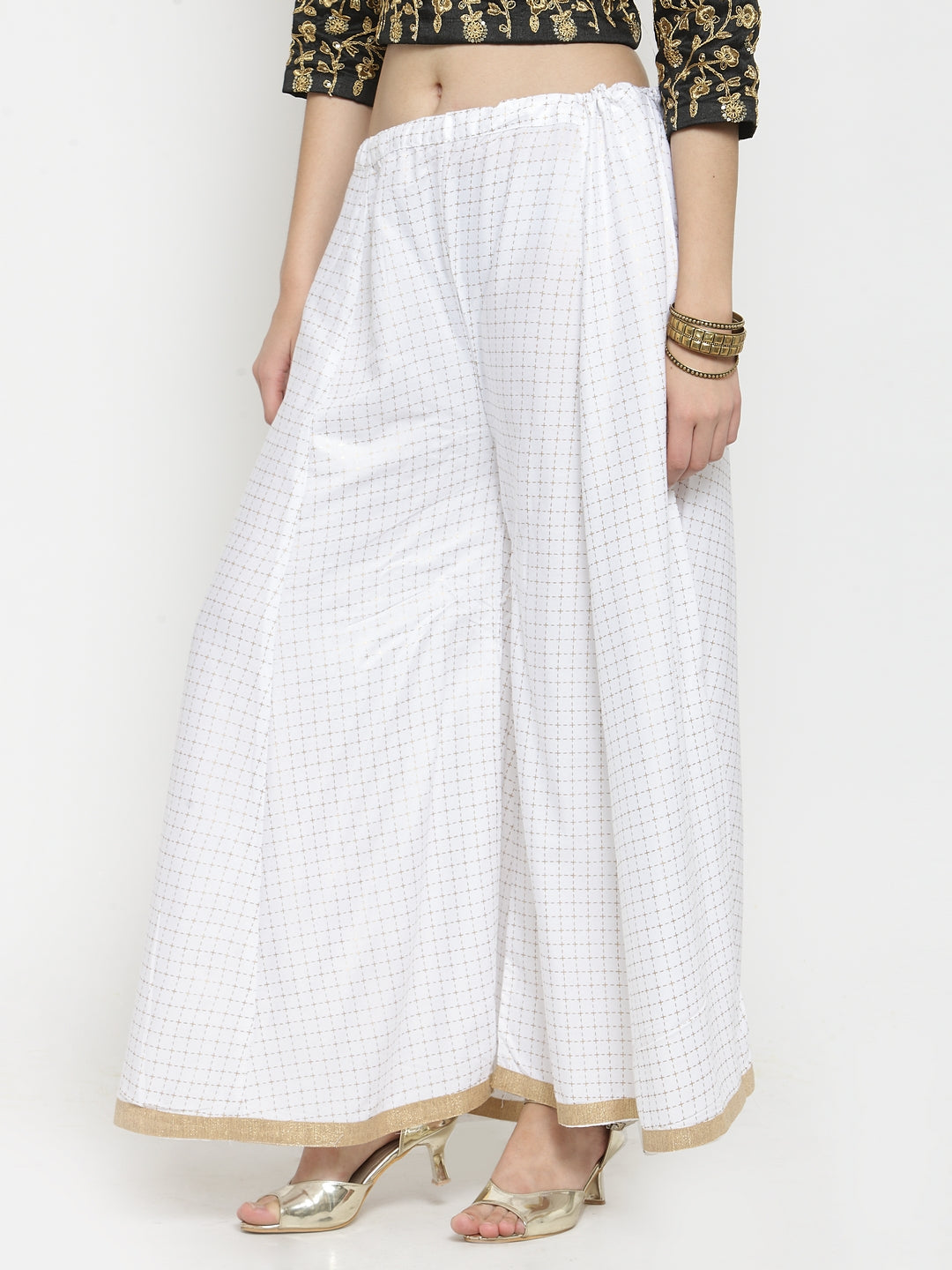 White printed rayon wide leg palazzo for women with ethnic design.