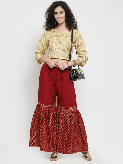 Maroon printed rayon gharara with wide legs and sequin work.