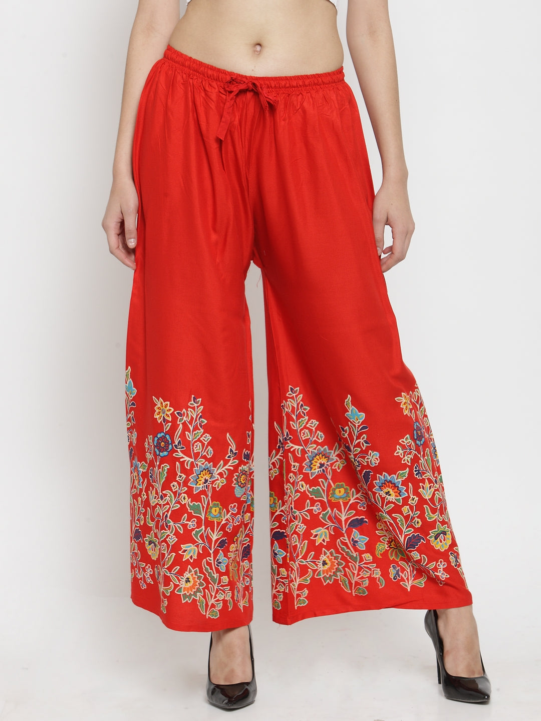 Red Printed Rayon Palazzo with floral print and elasticated waistband.