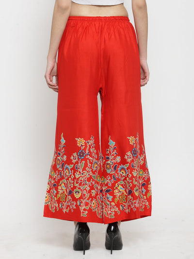 Red printed rayon palazzo with floral design and elasticated waistband.