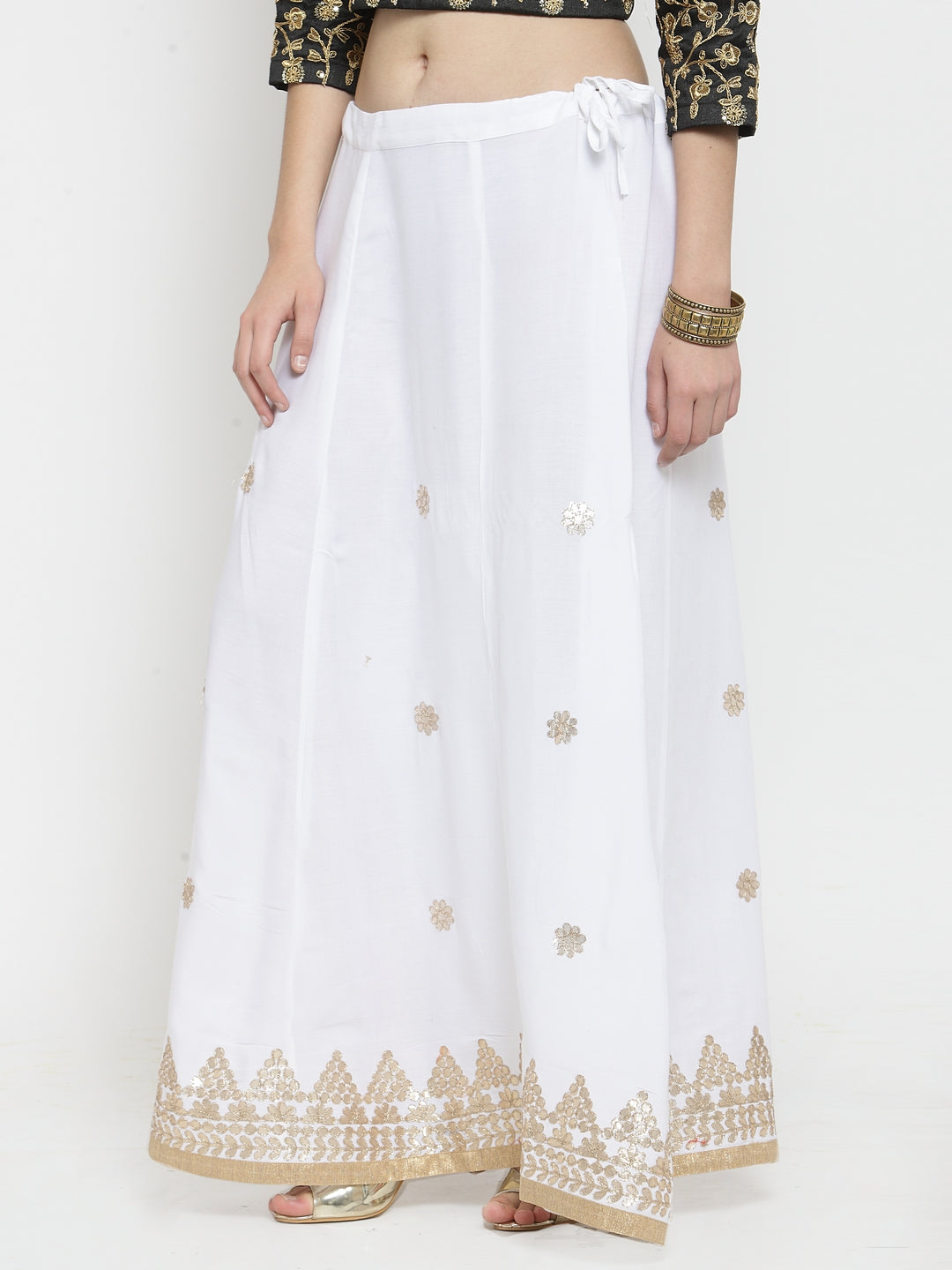 White Gotta Patti Rayon Skirt with embellishments and elegant design.