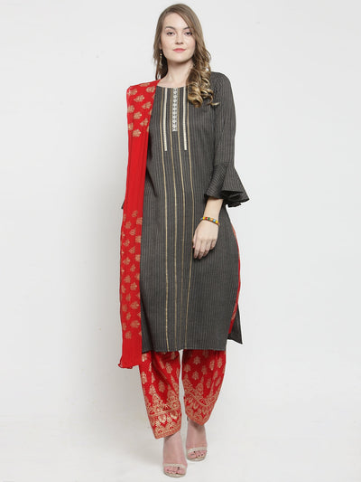 Red printed salwar dupatta set with cotton fabric, featuring vibrant prints, designed by Clora.