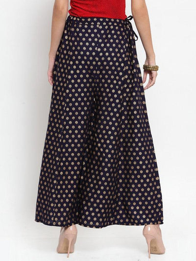 Navy blue flared printed Rayon sharara with drawstring closure and wide leg cut.