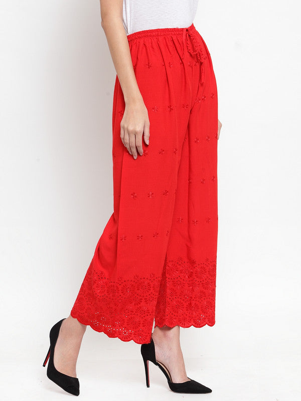 Red Chikankari Rayon Palazzo from Clora, light and comfortable, featuring intricate embroidery.