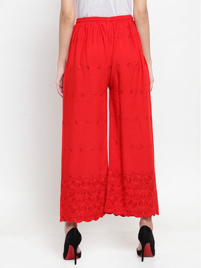 Red Chikankari Rayon Palazzo with delicate embroidery, lightweight and comfortable design.