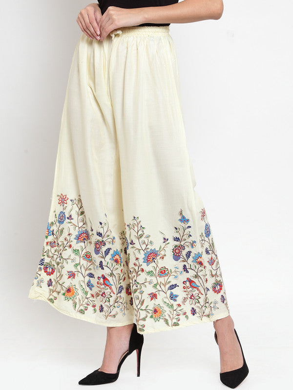 Off-white floral printed rayon palazzo for women.