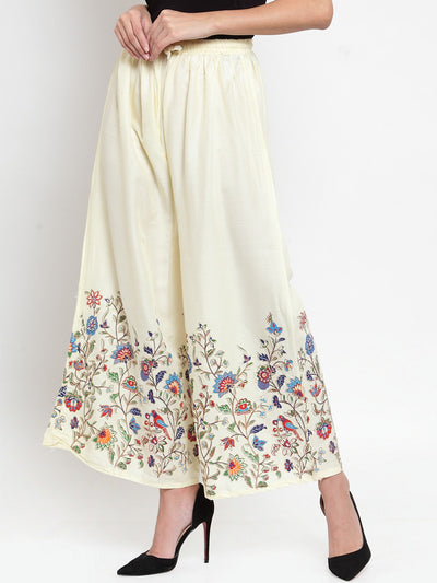 Clora Off-White Floral Printed Rayon Palazzo