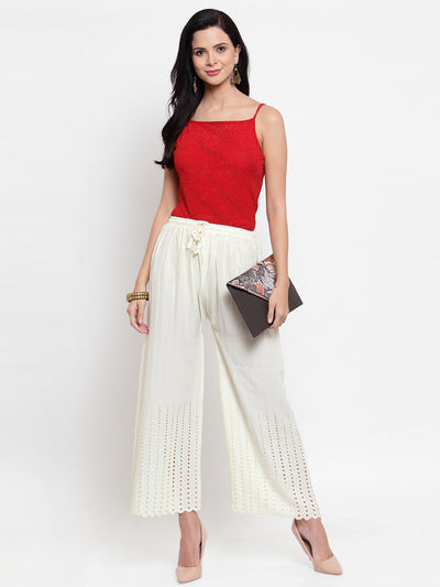 Off-White Rayon Straight Palazzo worn by woman in red top, elegant and stylish.